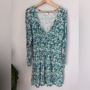 Nordstrom Teal Floral V-Neck Long Sleeve Dress